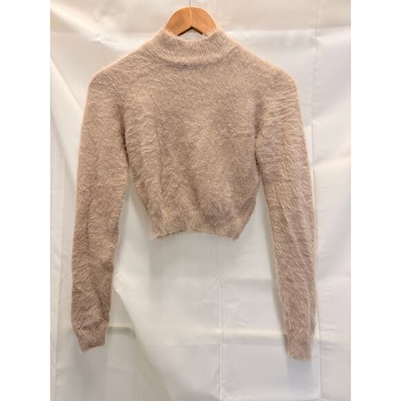 Meshki Tan Fuzzy Cropped Sweater Small Cozy Fall Winter - Picture 1 of 3